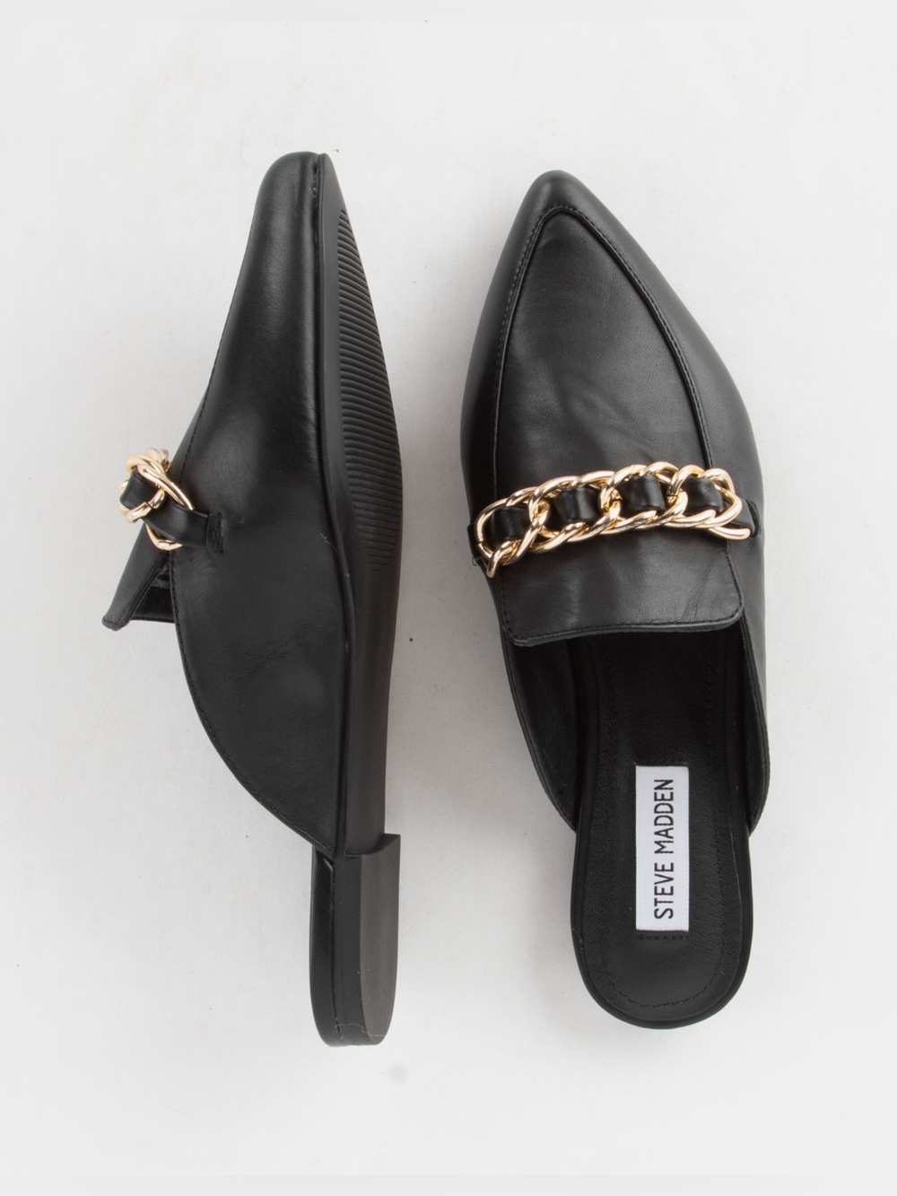 Steve Madden Faine Mule- Black Leather Slip-On Mules with Gold Chain